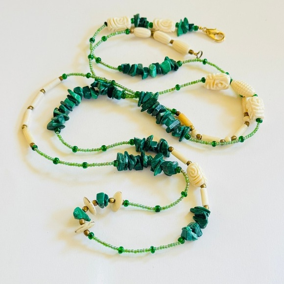 VTG Green Malachite Stone Beaded Necklace brass beads Natural Genuine strand 50" - Picture 4 of 8